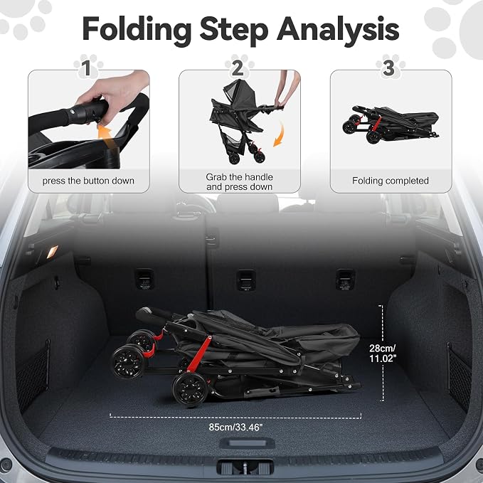 4 Wheel Pet Stroller for Small Medium Dogs, Foldable Cat Carriage with Breathable Mesh Windows, Cup Holder and Storage Basket, Portable Animal Strolling Cart Holds up to 22lbs Black