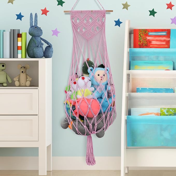 63 Inch Stuffed Animal Hammock Corner,Macrame Toy Plushie Net,Pink | Wall Ceiling Over Door Hanging Net for Stuffed Animals,Stuffy Storage Display w/ Star Lights,Nursery Playroom Kid Room Decor