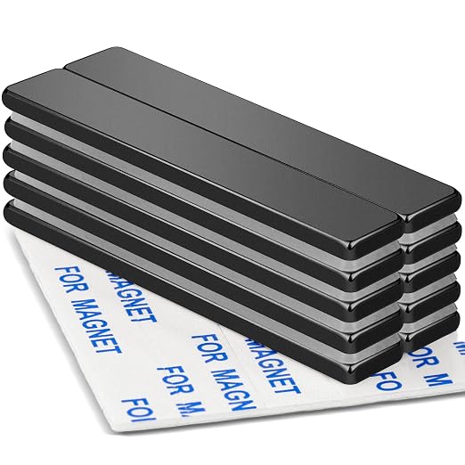 10 Pack Neodymium Bar Magnets with Adhesive Backing 60x10x3mm Black | Fridge Magnetic Strips Refrigerator Blocks Crafts Extra Super Sticky Bar for Science Experiments Classroom Craft Office