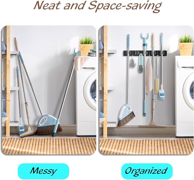 OUTNILI Mop and Broom Holder Wall Mount - Black Broom Mop Hanger - Wall Mounted Garden Tool Rack Organizer for Closet Garage Laundry Room Kitchen Decor With 5 Slots & 4 Hooks