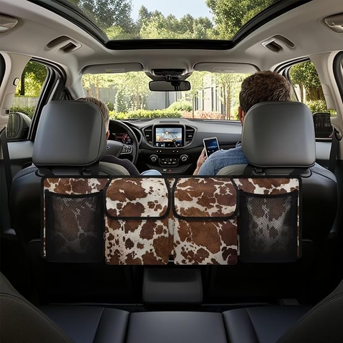 Car Trunk Organizer Brown Cow Print Car Accessories Back of Seat Organizer with Adjustable Straps, Easy to Install