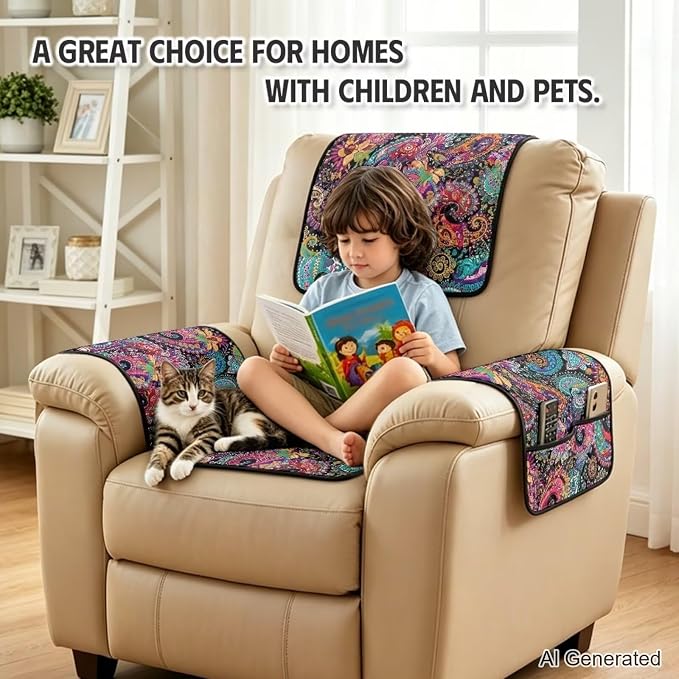 Paisley Floral Lazy Boy Recliner Chair Covers Cat Proof 4-Piece | Quilted Recliner Protectors with Pockets Non Slip Washable Elegant Chair Cover for Pet Kids Living Room Office