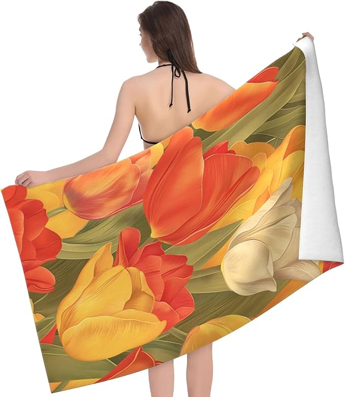 Tulip Beach Towel 31inx51in, Colorful Floral Sand-Free Microfiber Bath Towel Ultra Soft Quick Dry Pool Towel Absorbent Towel Lightweight Towel for Swimming Bathroom Decor