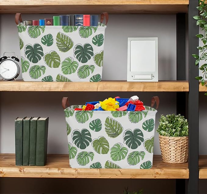 NTAOHAMPER Rectangular Green Storage Basket, Waterproof Safari Nursery Box with Handles for Bedroom, Jungle Theme Gifts Basket, Momstera Decor(Leaf)