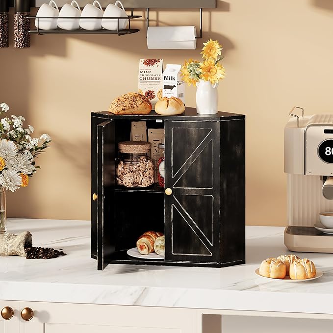Trironsun Corner Bread Box for Kitchen Counter Double Layer Bamboo Bread Storage Container Large Capacity Bread Storage Bin Farmhouse Breadbox Organizer (Antique Black)