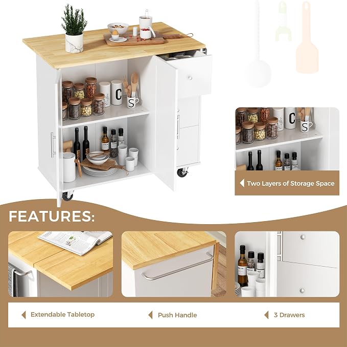 Mobile Kitchen Island on Wheels, Rolling Storage Cart with Drawers, White | 40" Rolling Kitchen Cart , Portable Utility Cart with Locking Casters, for Small Kitchens & Dining Rooms