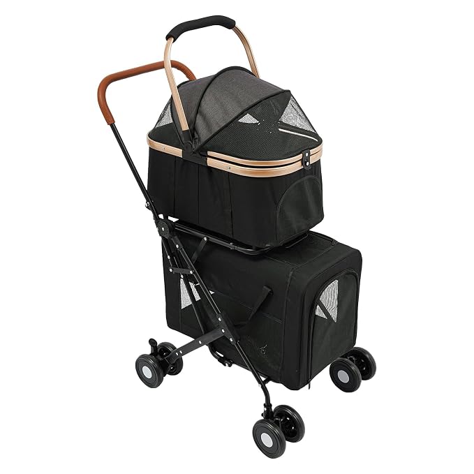 Pet Stroller, Portable Double Pet Stroller Cart with 4 Wheels, Heavy Duty Foldable Dog Cat Supplies, Multifunctional Carrying Storage Cat for Traveling with Pets, Shopping (Black)