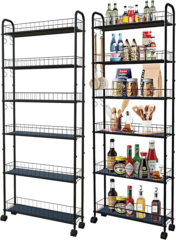 6 Tier Slim Rolling Storage Cart, Mobile Shelving Unit with Wheels, Metal Wire Storage Rack with Baskets for Kitchen Bathroom Office Laundry Narrow Piaces (6in Slim Rolling Cart)