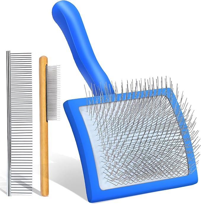 Slicker Brush for Dogs, Large Long Pin Dog Grooming Brush for Doodles Goldendoodles Poodles Labradoodle Bernedoodles, 3 Pcs Wooden Handle for Mats Tangles - Blue