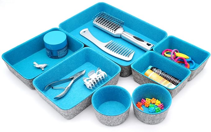 Welaxy Drawer organizers bins felt tray desk storage bins dividers small organizing box for office supplies closet cabinet makeup holder Fall room decor 7-piece (Turquoise)