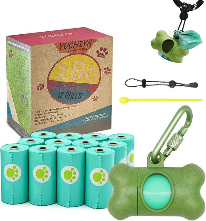 Dog Poop Pickup Bags Holder Dispenser with Leak-Proof Scented Doggy Waste Bags and Carabiner with Safety Lock Plus Hook and Loop Fastener Never Loose on Leash Lead Again (1 Holder 195 Bags, Green)
