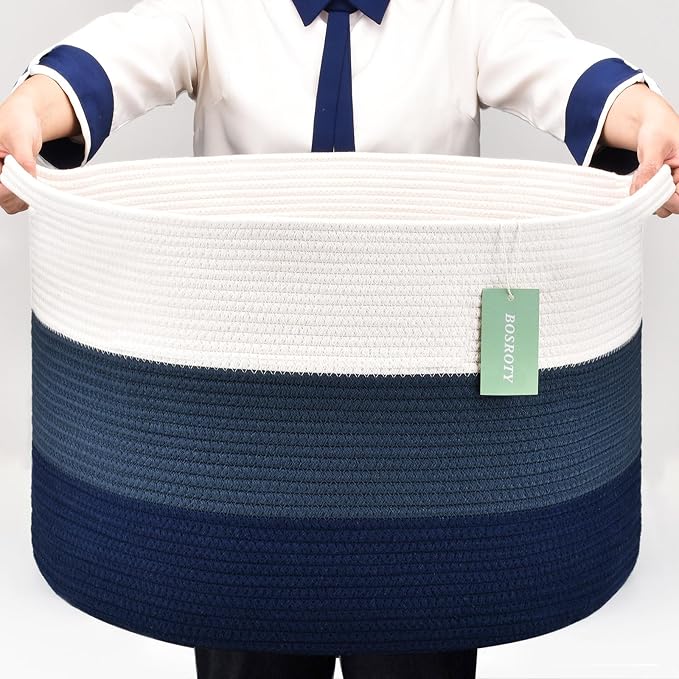 Large Cotton Rope Blanket Basket, 87L Laundry Hamper, White & Blue