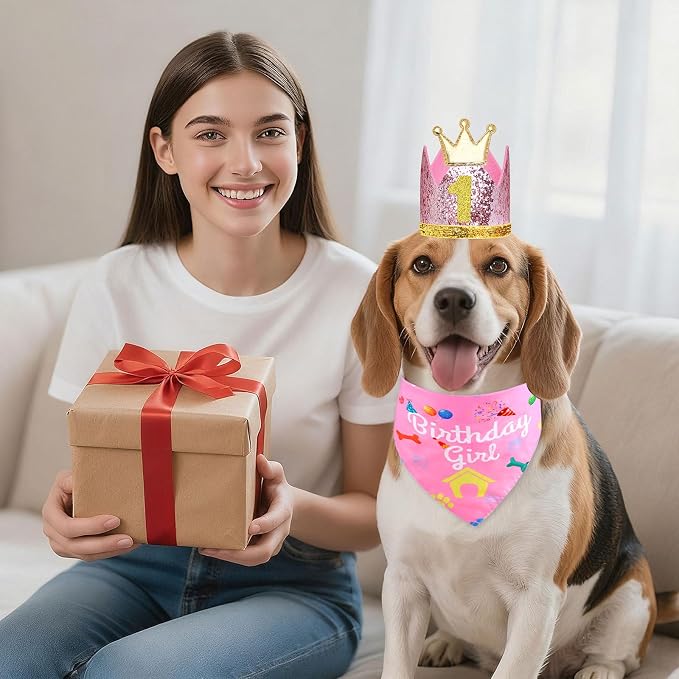 Rensh Dog Birthday Party Supplies, Dog Birthday Bandana Hat with Numbers for X-Large Large Small Pets, Multi Size Birthday Decorations for Dogs and Cats (Pink, X-Large)