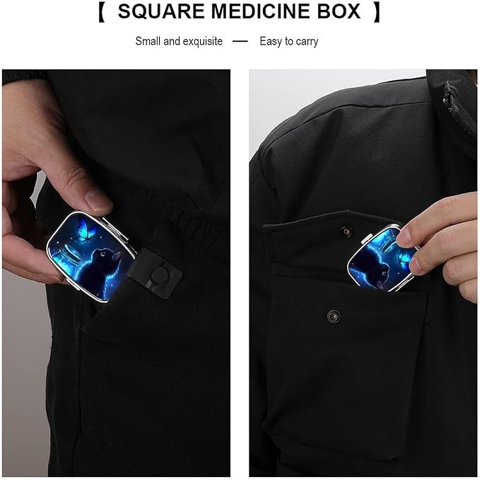 Black Cat Pattern Durable Metal Pill Case for Daily Use, 2 Slot Medicine Box Organizer,Leak Proof Travel Pill Container for Vitamins, Compact Pocket Medicine Holder for Seniors,Holiday Gift