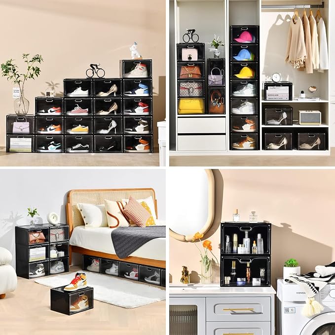 8 Pack Drop Side Shoe Boxes, Large Stackable Shoe Storage, Thick Plastic | Sneaker Storage with Magnetic Door, Shoe Organizer for Closet, Sturdy Shoe Containers, Sneaker display Case Fit up to Size 13