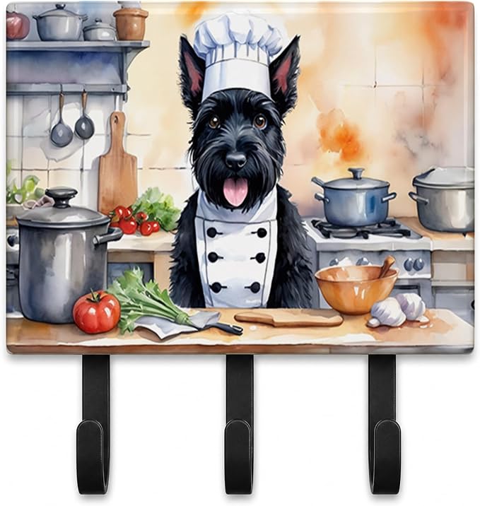 Caroline's Treasures Scottish Terrier The Chef Leash or Key Holder Wall Hooks, Key Hooks Holder, Coat Rack Wall Mount, Coat Hooks, Hooks for Hanging Keys, Towels, Aprons, Leashes | Scottish Terrier The Chef artwork on ceramic tile with three steel hook...