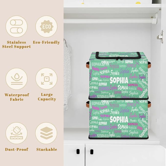 Personalized Kids Toy Box with Name, Custom Nursery Baskets Cubes Box with Zipper Lid, Kids Custom Storage Basket Laundry Baskets Organizer with Handles, Light Green Solid Color