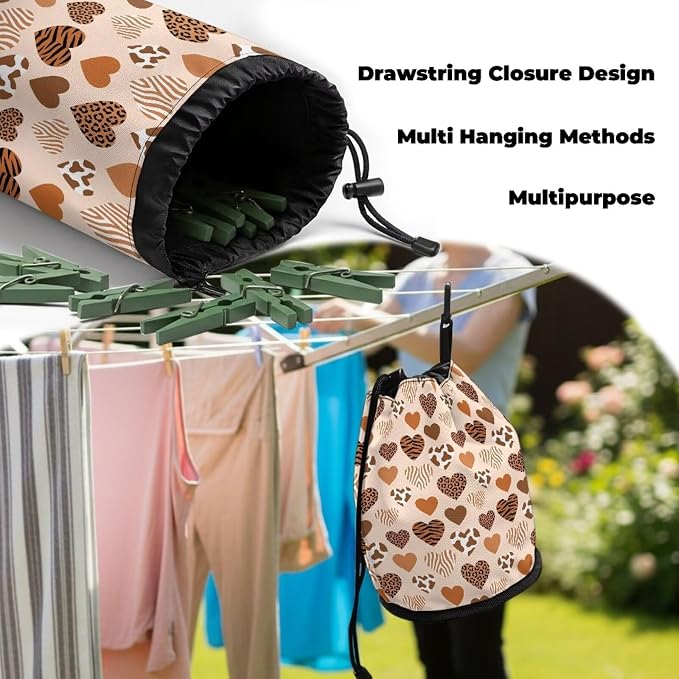 Drawstring Clothespin Pouch, Heart Leopard Print Laundry Peg Bag Organizer with Multi-Hanging Feature, Portable Storage for Clips, Perfect for Drying Rack, Camping & Home
