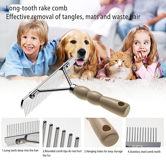 Undercoat Rake for Dogs, 2 Pack Double Coat Brush Set Long Tooth Undercoat Brush & Flea Comb, Long Hair Dog Combs for Grooming Shedding German Shepherd Horse Great Pyrenees