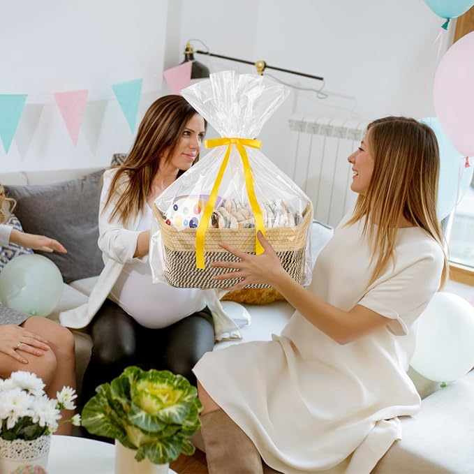 OIAHOMY Woven Basket, Gift Basket Empty with Gift Bags and Ribbons, Rope Baskets for Baby Showers, Storage Baskets with Handles for Nursery, Pet Toy Organizer -Black & Yellow