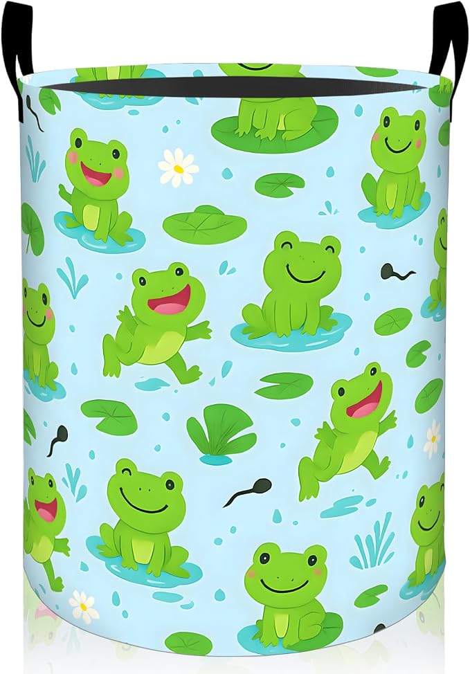 Cute Frog Laundry Basket, Cartoon Frogs Lily Foldable Oxford Cloth, Waterproof Dirty Clothes Hamper with Handles, Clothing Storage Bin Toy Organizer for Bedroom Dorm Bathroom, 19.7"x15.7"