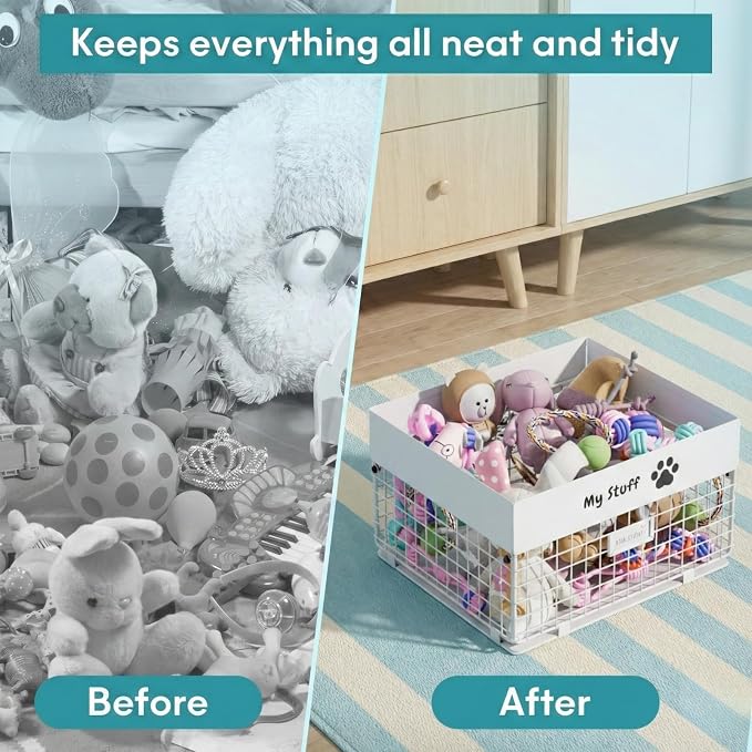 qeerable Dog Toy Box- Metal Toy basket for Dog - Dog Toys Storage Bin for Pet - Personalized Large Dog Toys Basket for Puppy and Pet- White Chew Resistant Dog Toy Chest & Organizer