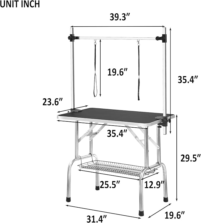 36" Professional Adjustable Pet Grooming Table Heavy Duty with Arm & Nosse & Mesh Tray for Large Dog Cat Shower Table Bath Station, Maximum Capacity Up to 300 LBS (Black 36 inch)