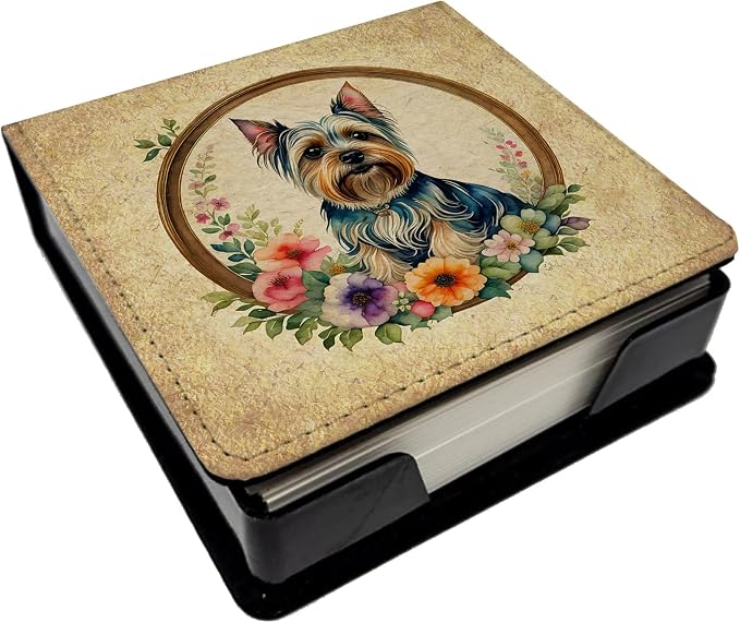 Caroline's Treasures Silky Terrier and Flowers PU Leather Note Paper Holder with Artist-Designed Cover, Desk Accessory, Office Gift