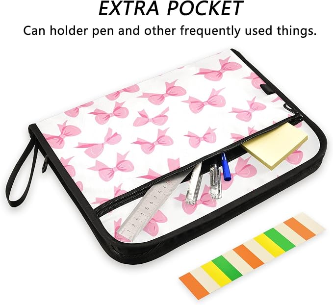 Pink Bow White Background Pattern 13 Pocket File Organizer Expanding File Folder with Front Pouch Portable Business File Storage Document Organizer Folder with Zipper