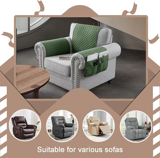 Water-Resistant Sofa Armrest and Headrest Covers with Side Pocket | Keep remotes close quilted polyester helps guard against wear, pet scratches, and kids' messes silicone backing adds grip
