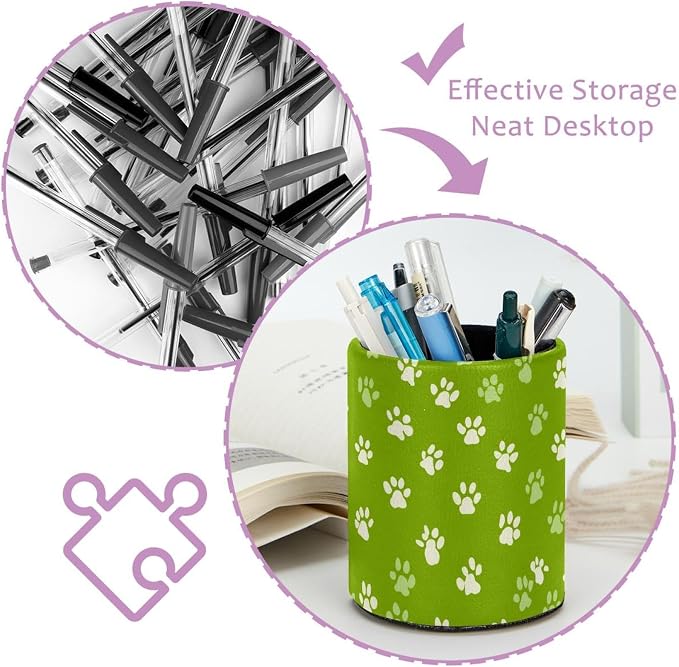 Faux Leather Pen Holder for Desk, Pencil Organizer Pet Paws Pen Cup Desk Decor Makeup Brush Holder Storage for Office Home