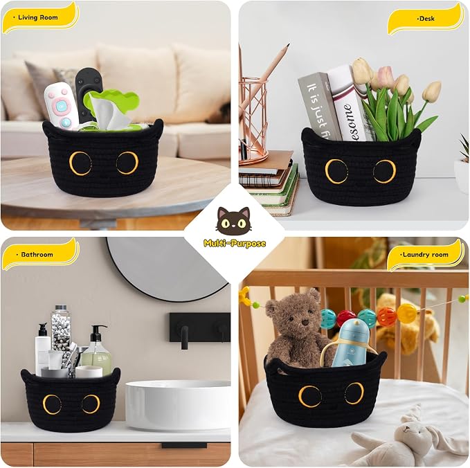 Small Storage Basket, Black Cat Cotton Rope Cute Basket Toy Bin | Woven Blasket for Nursery, Blanket Basket Baby Toy Storage Organizer With Ears for Gifts Cat Dog Bin Toys 8.5×4.5 inches