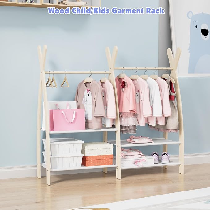 HedoAjim Kids Clothing Rack Dress Up Storage Closet for Girls Baby Garment Wardrobe Toddler Costume Closet with Double Hanging Rod Wood 2 Tier Bottom Storage Shelves (Double Tires)