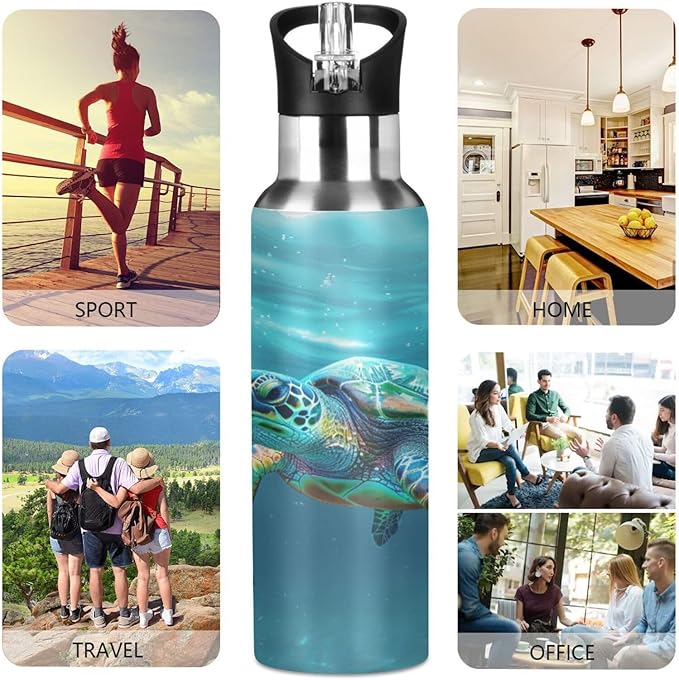 Turtle Teal Underwater Water Bottle with Straw Lid Kids Insulated Stainless Steel Water Flask Sports, 20 Oz Hot Cold