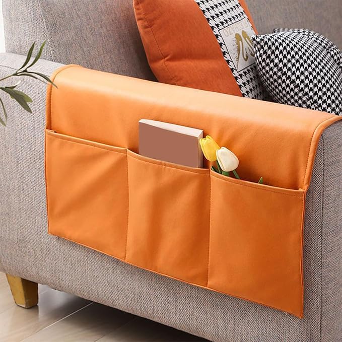 Sofa Armrest Cover with Pockets Set of 2 Furniture Protector Slip Technical Fabric Non Slip Recliner Organizer Remote Holder Caddy Accessories for Living Room Bedroom Kitchen Home 24*43.3 Inch Orange