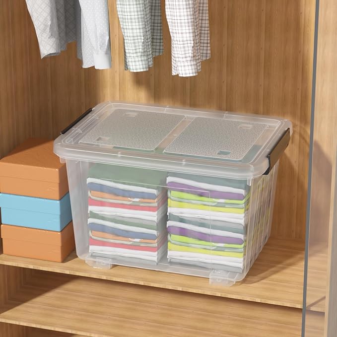 50 L Plastic Lidded Storage Bin, 4 Pack Clear Latching Storage Box | with 4 Bottom Wheels and 2 Buckle Latches, Stable Stacking