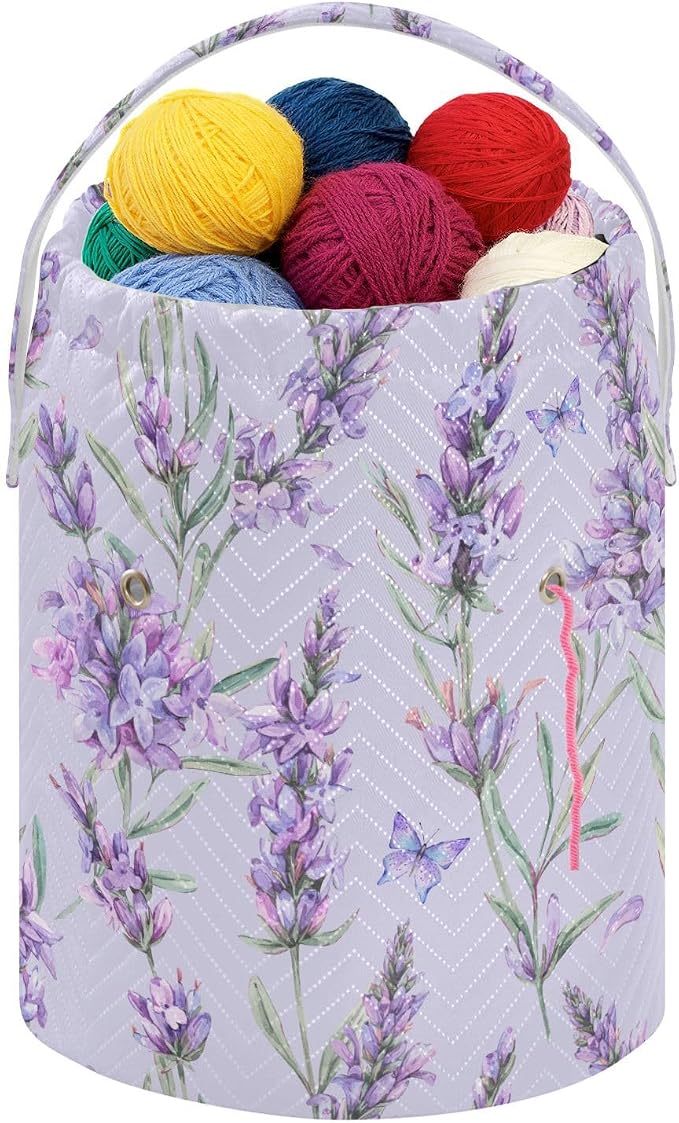 Fustylead Watercolor Vintage Lavender Flowers Knitting Crochet Bag, Portable Large Yarn Storage Drawstring Basket Organizer for Crocheting Hooks, Project, Store Skein Ball, Short Knitting Needle