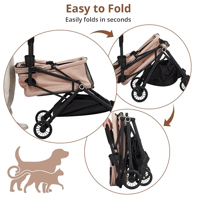 Foldable Pet Stroller for Medium Small Dogs Cats, 4-Wheel Lightweight Dog Stroller with 360° Swivel Wheels & Foot Brake, Breathable Mesh Weather-Resistant Luxury Cat Travel Carriage, 50 Lbs, Khaki