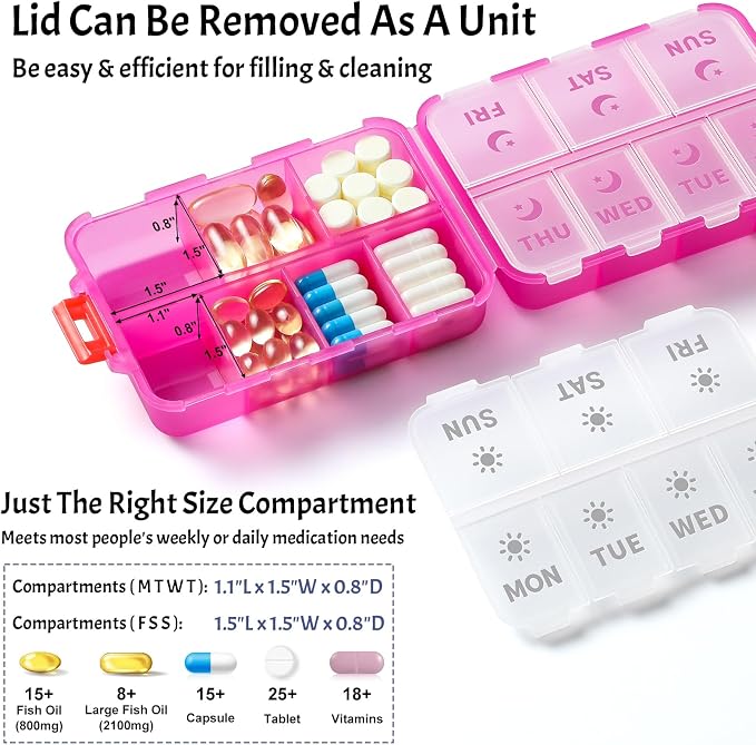 NEW Foldable & Double Protection Portable Weekly Pill Organizer 2 Times A Day with Etched Labels, AM PM 7 Day Week Medicine Box, Daily Travel Pill Case Dispenser for Vitamin, Supplement - Clear Pink
