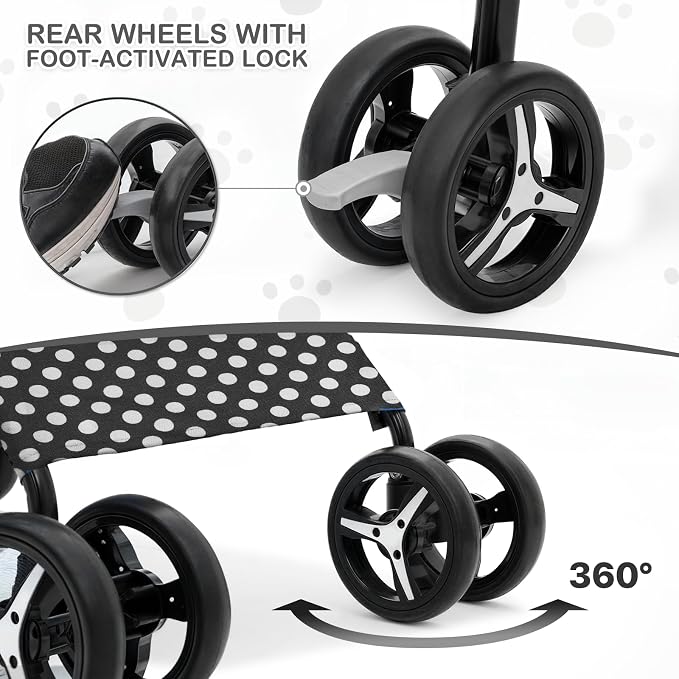 MoNiBloom Pet Stroller for Small/Medium Dogs and Cats, Black Polka Dots | Foladble 4 Wheels Easy-Fold Puppy Cage Jogger Stroller with Sun Cover, Pad and Rear Storage Bag, Breathable and Visible Mesh