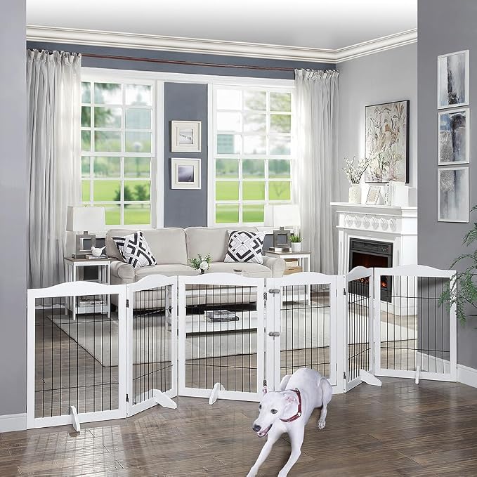 beeNbkks Extra Wide Pet Gate, 6-Panel Freestanding Dog Barrier with Door | Heavy-Duty Wooden Indoor Playpen with Metal Bars and 5 Support Feet, Secures Doorways Stairs Fireplaces or Large Openings