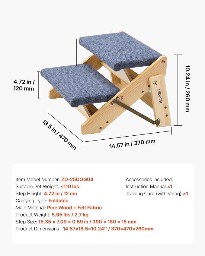 VEVOR Wood Pet Stairs, 2-Step Dog Stairs for Beds, Sofa & Cars, 110lbs Load Capacity, Floded Flat Design, Stable & Sturdy Cat & Dog Step Ladder for Small Medium Large Older Pet Puppy Essentials