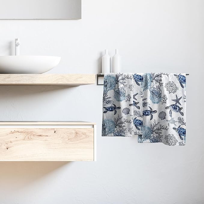 Giwawa Sea Turtle Hand Towel Set of 2, Summer Ocean Coral Starfish Towel, Watercolor Undersea Blue Tortoises Face Towel Quick Dry Dish Wash Cloth for Hotel Bathroom Gym Home Spa Decor