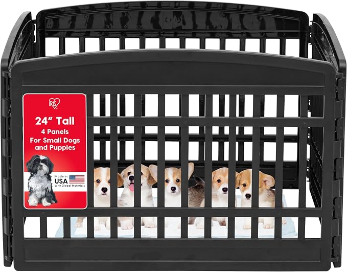 IRIS USA 4-Panel Dog Playpen, Pet Enclosure, Black | Safe Play Zone, Configurable Layout, Custom Pen Configuration, Flexible Boundary, Secure Door Latch, Tool-Free Assembly