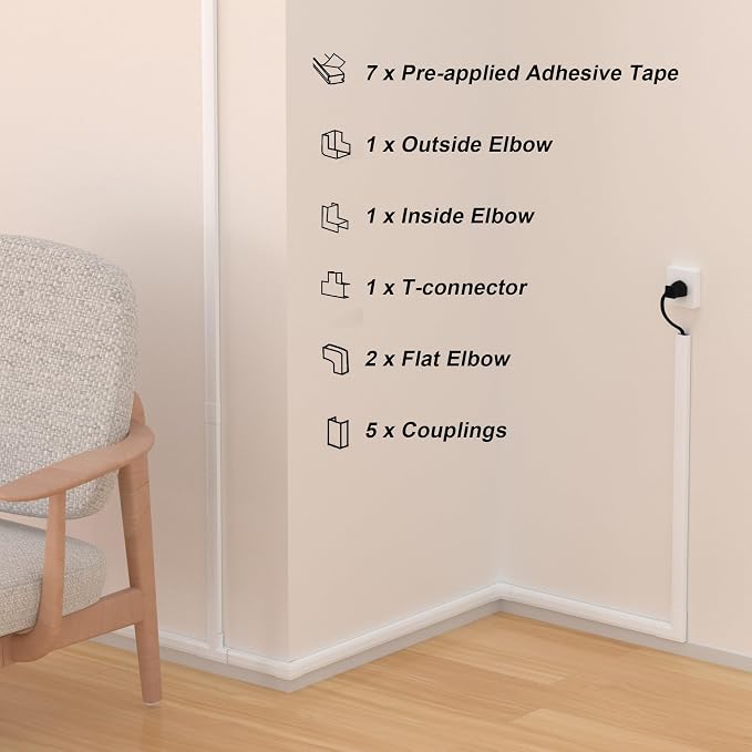 110in Cord Covers for Wires on Wall Kit, Simple Setup Wire Hider | Large Cord Hider Wall Kit, Wire Covers for 3-4 Cords on Wall, White TV Cable Hider Cable Raceway, W1.2 X H0.6in