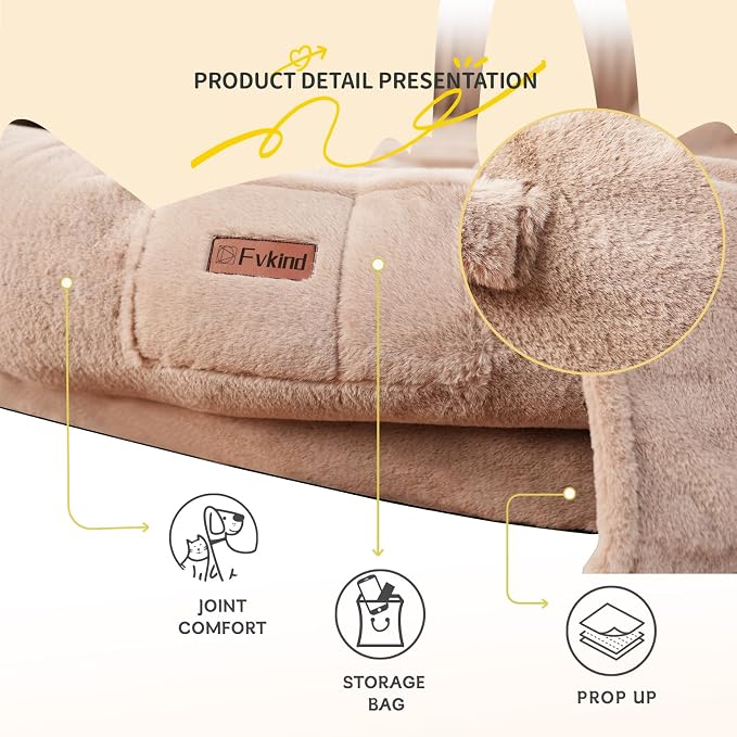 Fvkind Human Sized Dog Bed, Dog Bed for Humans, 71"x51"x12", Khaki | Human Size Dog Bed for People, Large Human Dog Bed, Blanket and Pillow, Thick Orthopedic Foam, Washable Faux Fur Cover