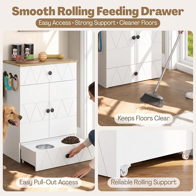 Dog Feeding Station with Storage Cabinet, Hidden Pull-Out Elevated Dog Bowls, Stainless Steel Feeding Drawer, Adjustable Shelves & Hooks, Modern Pet Food Storage Organizer for Dogs (White)