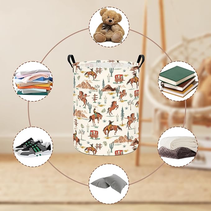 Western Cowboy Fabric Storage Bin,Nursery Organizer Basket | Organizer Bin Dirty Clothes Collapsible Waterproof for College Dorms, Boys and Girls Bedroom,Bathroom
