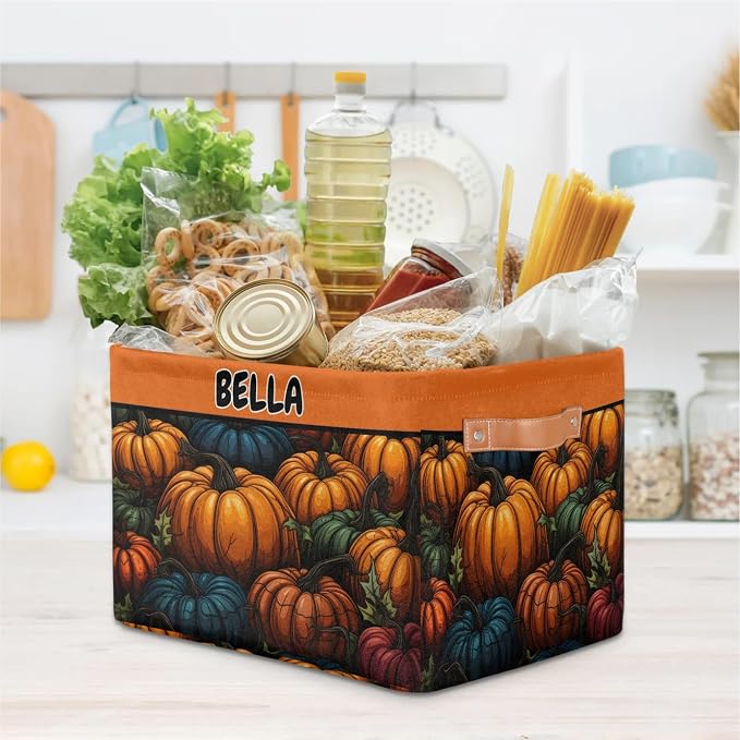 Personalized Foldable Spring Floral Storage Basket with Name for Boys, Laundry Hamper Dirty Clothes Pet Toys Storage Bin with Handles for Shelf Home Closet, Halloween Colorful Pumpkins