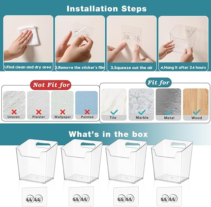 Clear Acrylic Pen Holder, 4 Pack Cabinet Door Organizer Adhesive, Bathroom Wall Mount Caddy Kitchen Plastic Storage Bin Box for Office Marker,Art Supply, Small Cleaning Supply, Seasoning Drink Packet